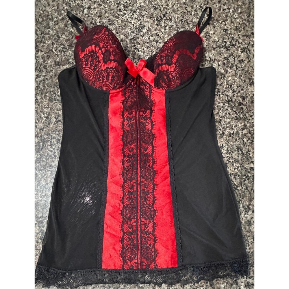 iCollection Womens 2X Black Red Lace Mesh Chemise Lingerie Nightgown Underwire
